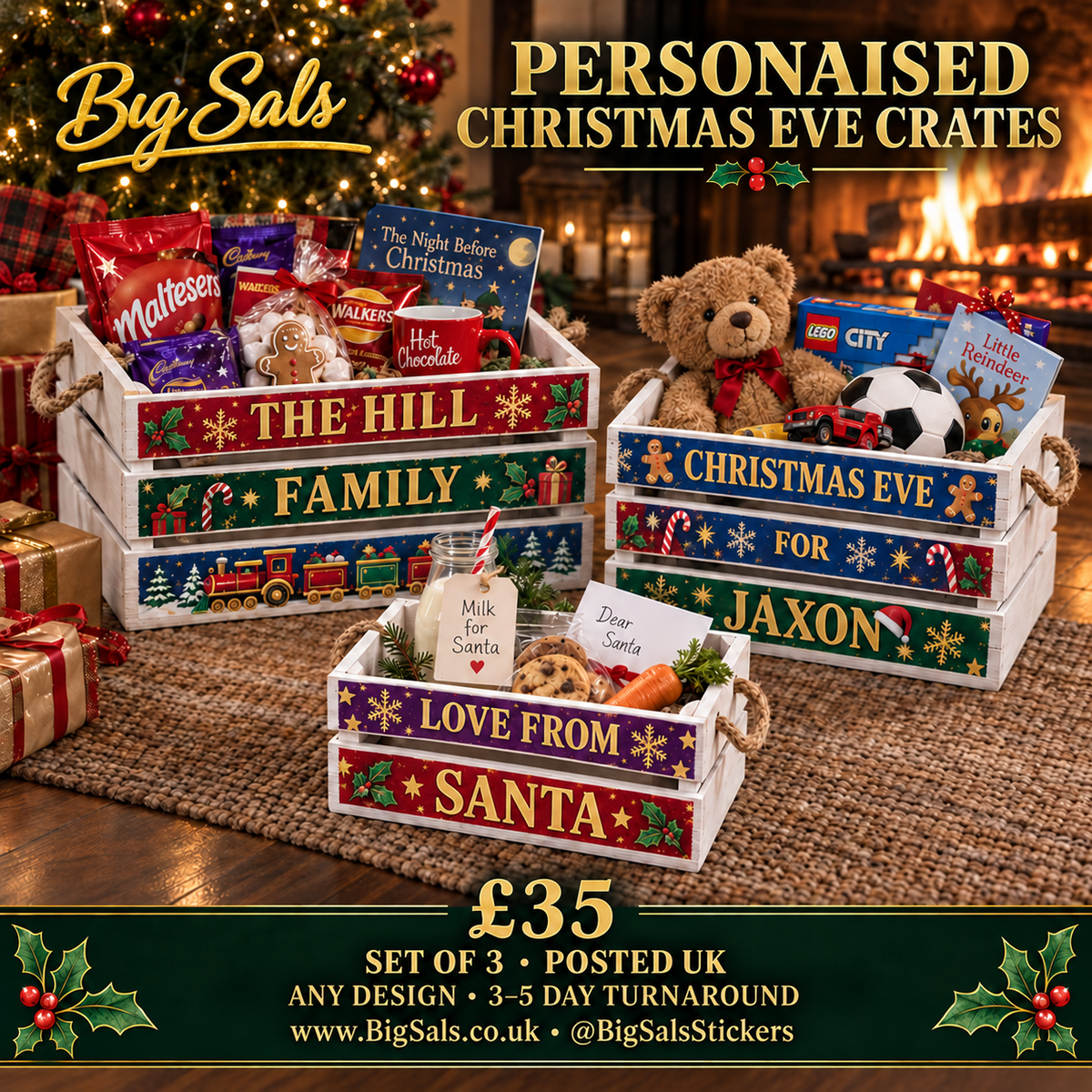 Personalised Christmas Eve crates with colourful Christmas designs and personalised names