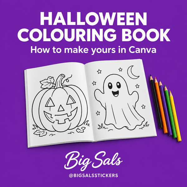 Halloween colouring book with pumpkin and ghost line art on a deep purple Big Sals promo background