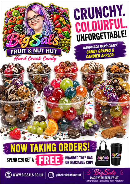 Big Sals Crystal Candy Grapes – Hard Crack Sugar Coated Grapes (Pick 2 Colours, Flavours & Toppings)