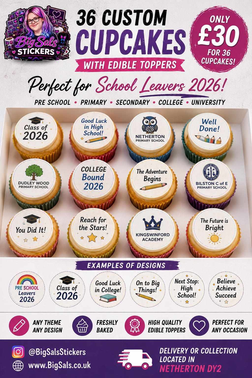 School Leavers Cupcake Bundle (36 Cupcakes With Custom Toppers)