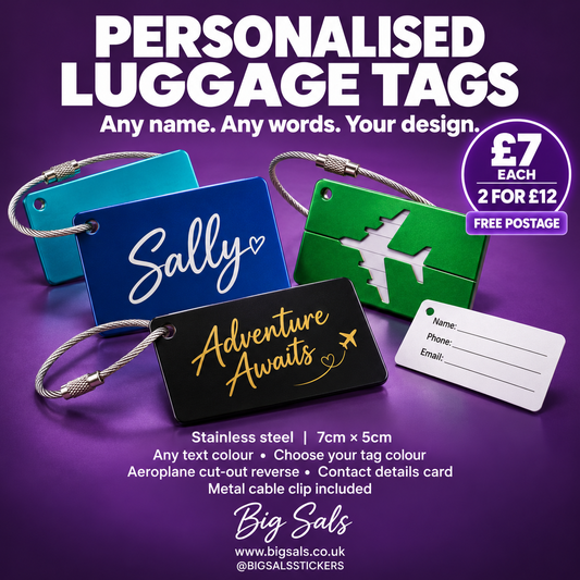 Big Sals personalised stainless-steel luggage tags in turquoise, blue, green and black, with metal cable clips and a contact details card.