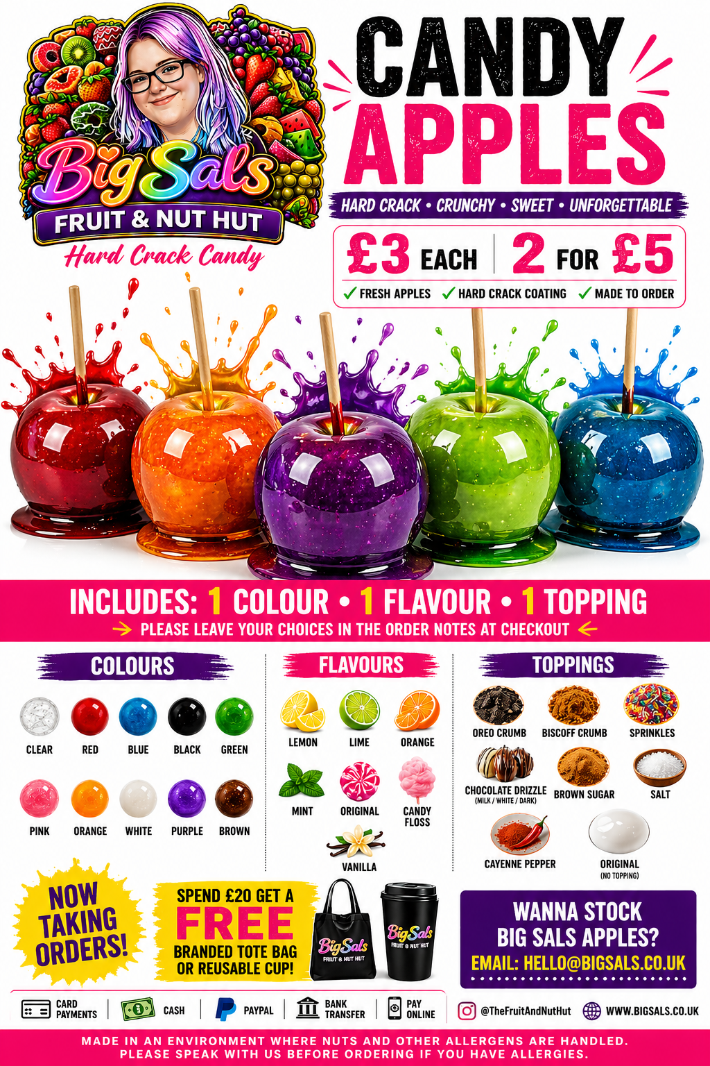 Big Sals Crystal Candy Apples – Hard Crack Sugar Coated Apples (Pick Your Own Colour, Flavour & Topping)