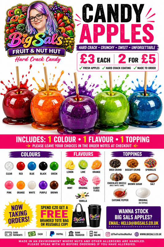 Big Sals Crystal Candy Apples – Hard Crack Sugar Coated Apples (Pick Your Own Colour, Flavour & Topping)