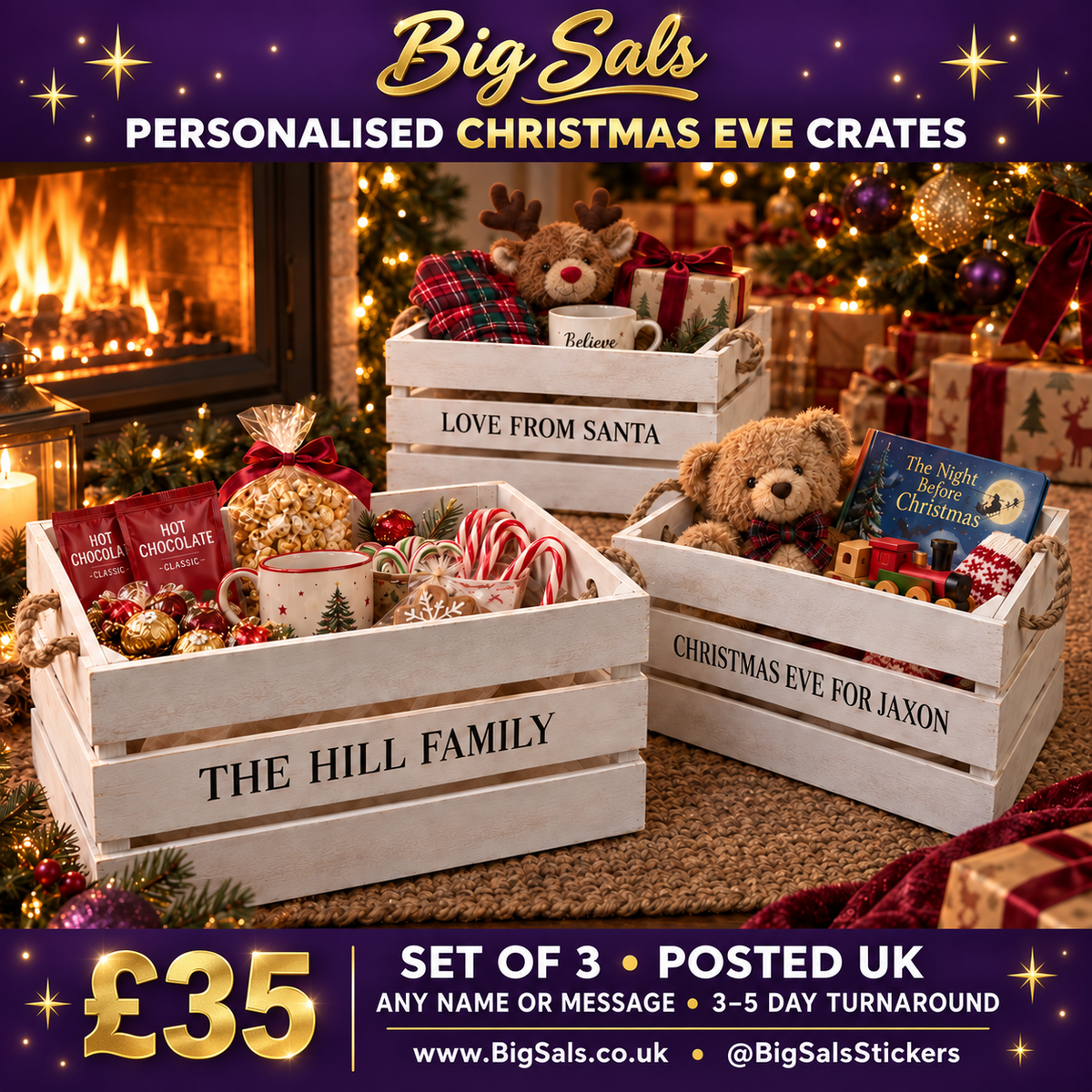 Personalised Christmas Eve crates with festive family designs, shown as a set of three
