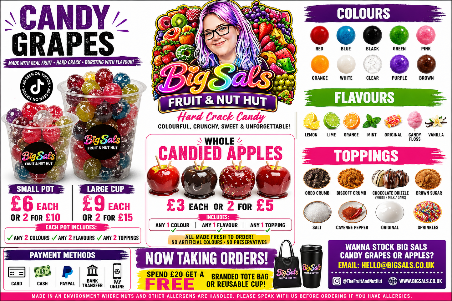 Big Sals Crystal Candy Grapes – Hard Crack Sugar Coated Grapes (Pick 2 Colours, Flavours & Toppings)