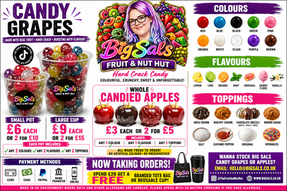 Big Sals Crystal Candy Grapes – Hard Crack Sugar Coated Grapes (Pick 2 Colours, Flavours & Toppings)