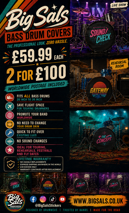 Big Sals Custom Printed Bass Drum Cover – £59.99 each, 2 for £100, worldwide postage included
