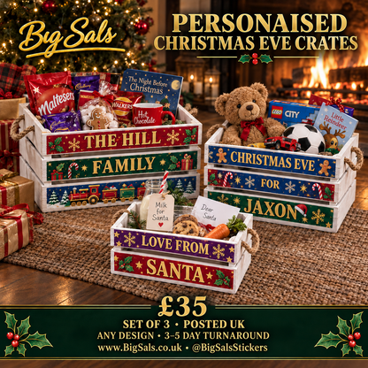 Personalised Christmas Eve crates with colourful Christmas designs and personalised names