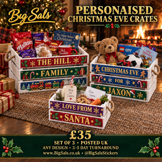 Personalised Christmas Eve crates with colourful Christmas designs and personalised names