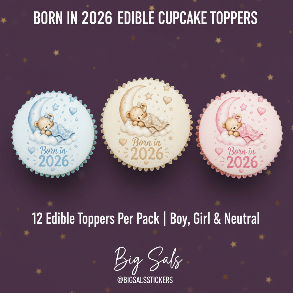 Born in 2026 Edible Cupcake Toppers - Flat on Top