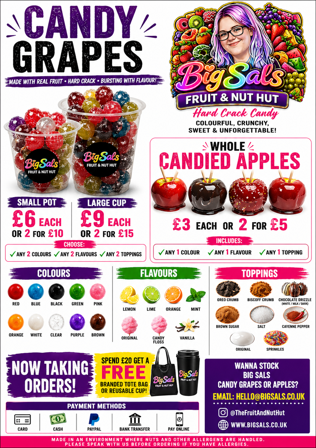 Big Sals Crystal Candy Grapes – Hard Crack Sugar Coated Grapes (Pick 2 Colours, Flavours & Toppings)