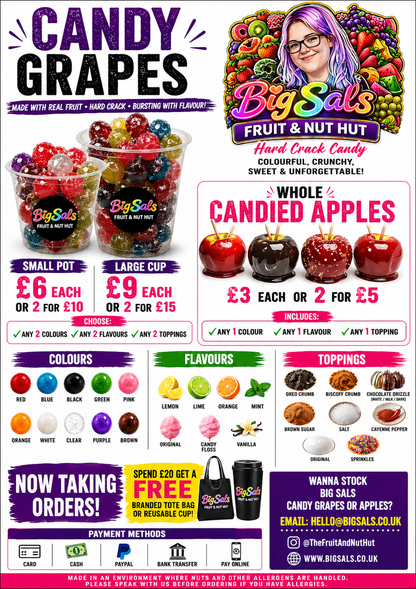 Big Sals Crystal Candy Grapes – Hard Crack Sugar Coated Grapes (Pick 2 Colours, Flavours & Toppings)