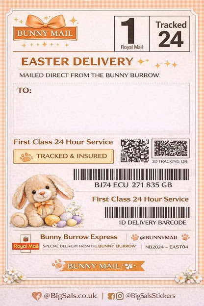 Special Delivery Easter Stickers – Tracked 24 Bunny Labels (Printed Pastel Sheets) 4x6 Inch