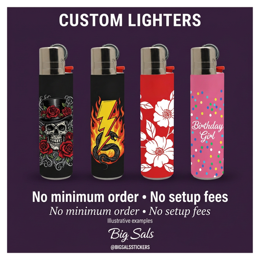 Illustrative personalised lighters with skull, lightning, floral and birthday designs on a purple Big Sals background.
